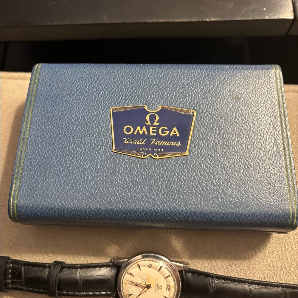 Rare Vintage  Omega Men's Silver and Black Leather Watch